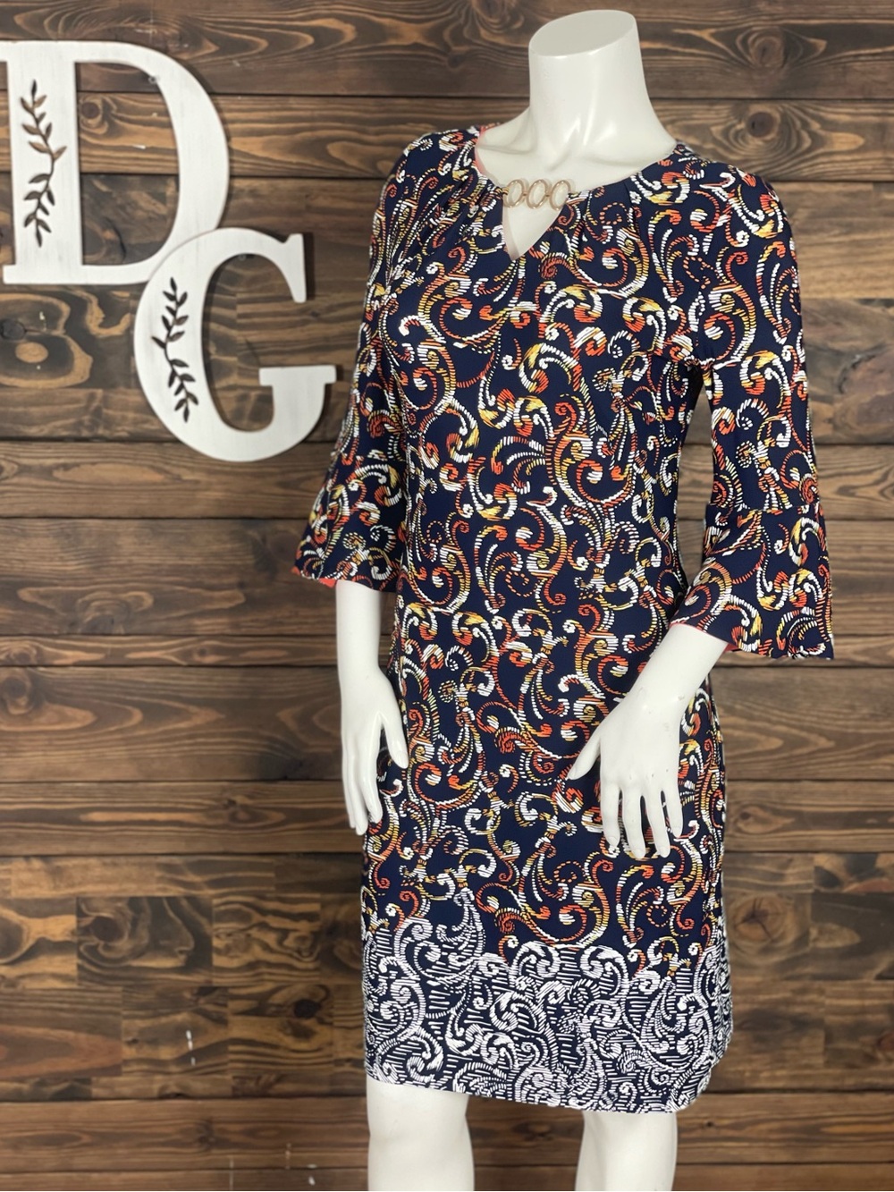 Leslie Fay | Vintage‎ Navy Patterned Chainlink Keyhole Dress Flounce Sleeves